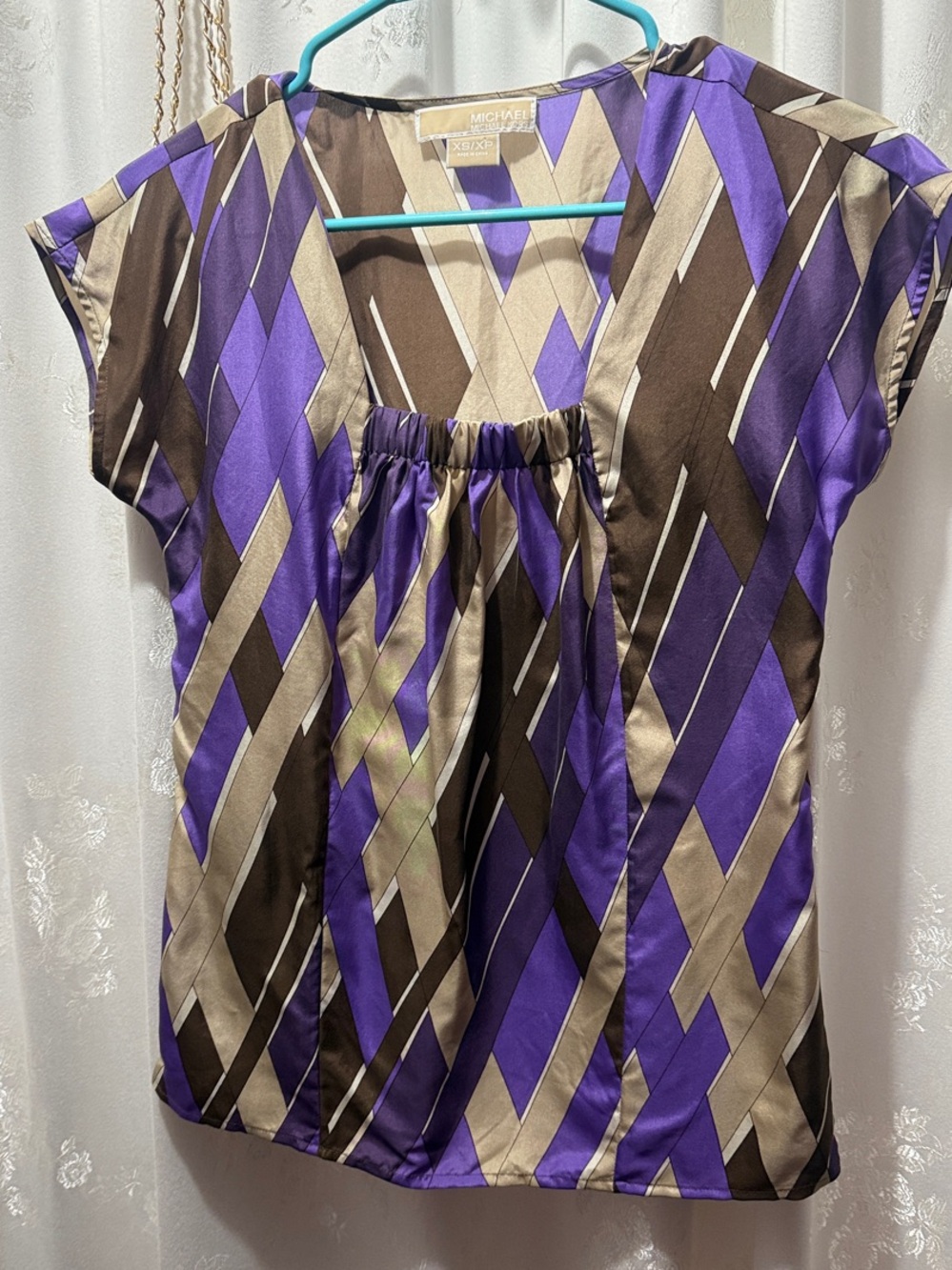 Michael Kors Purple, Brown & Cream Geometric Cap-Sleeve Blouse